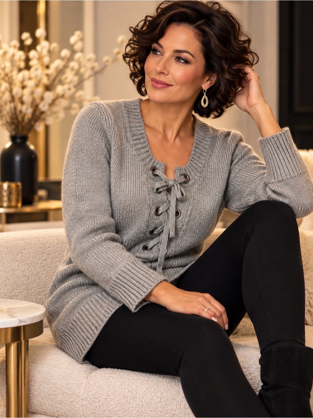 A.C.W. Ardene Grey Lace Up Knit Sweater Tunic XL